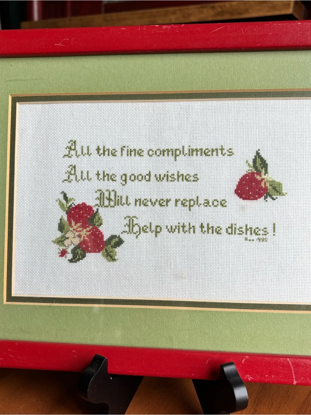 VINTAGE 1980s Framed Strawberry Cross-Stitch Wall Art in Red and Green